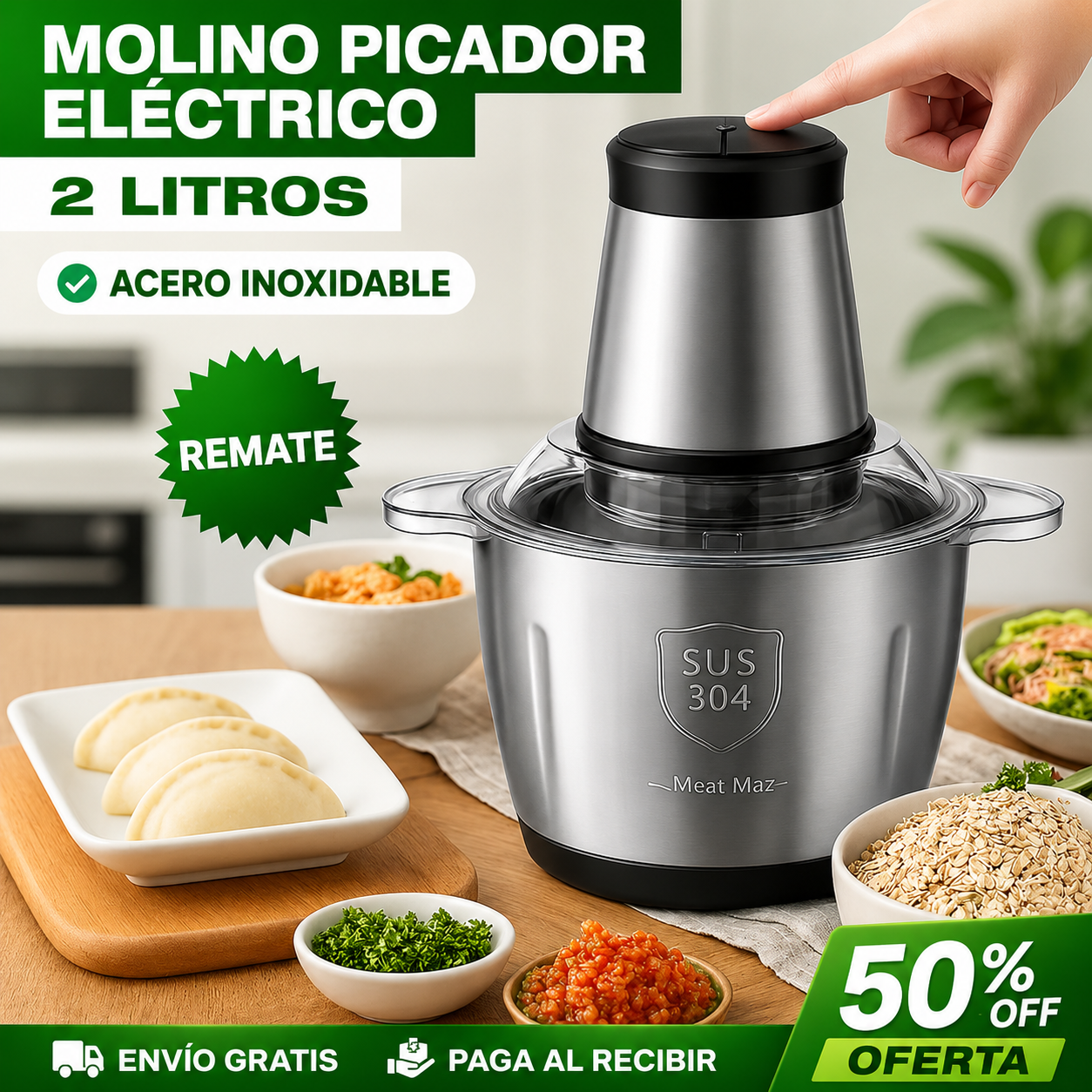 🚨(OFERTA) MOLINO PICADOR ELÉCTRICO DE ACERO INOXIDABLE 🔥 2 LITROS 🔥 | TAMAÑO GRANDE